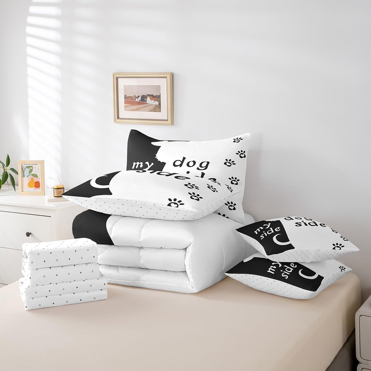 7 Piece Dog Side My Side Bed in a Bag Queen Size for Boys Girls Kids Cute Dog Print Bedding Sets Dog Paw Print Comforter Set with Sheets Lovely Pet Animal Dog Bed Set for Dog Lovers Sheets