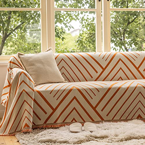 Dreamingo Beige Couch Cover Orange Herringbone Sofa Covers For Dog Soft Chenille Couch Cover For Loveseat Modern Geometric Sectional Couch Covers L Shape Couch Protector Slipcover, 71"X 118" #TOP1