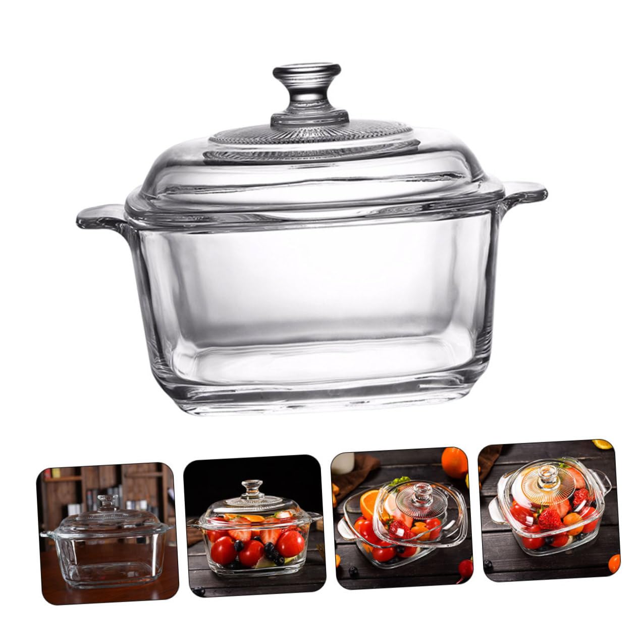 SEWACC Mikrowellengeeignete Glasschale mit Deckel 1L Rechteckige Salatschüssel aus Lebensmittelechtem Glas mit 2 Griffen Vielseitige Suppenschale für Küche und Restaurant