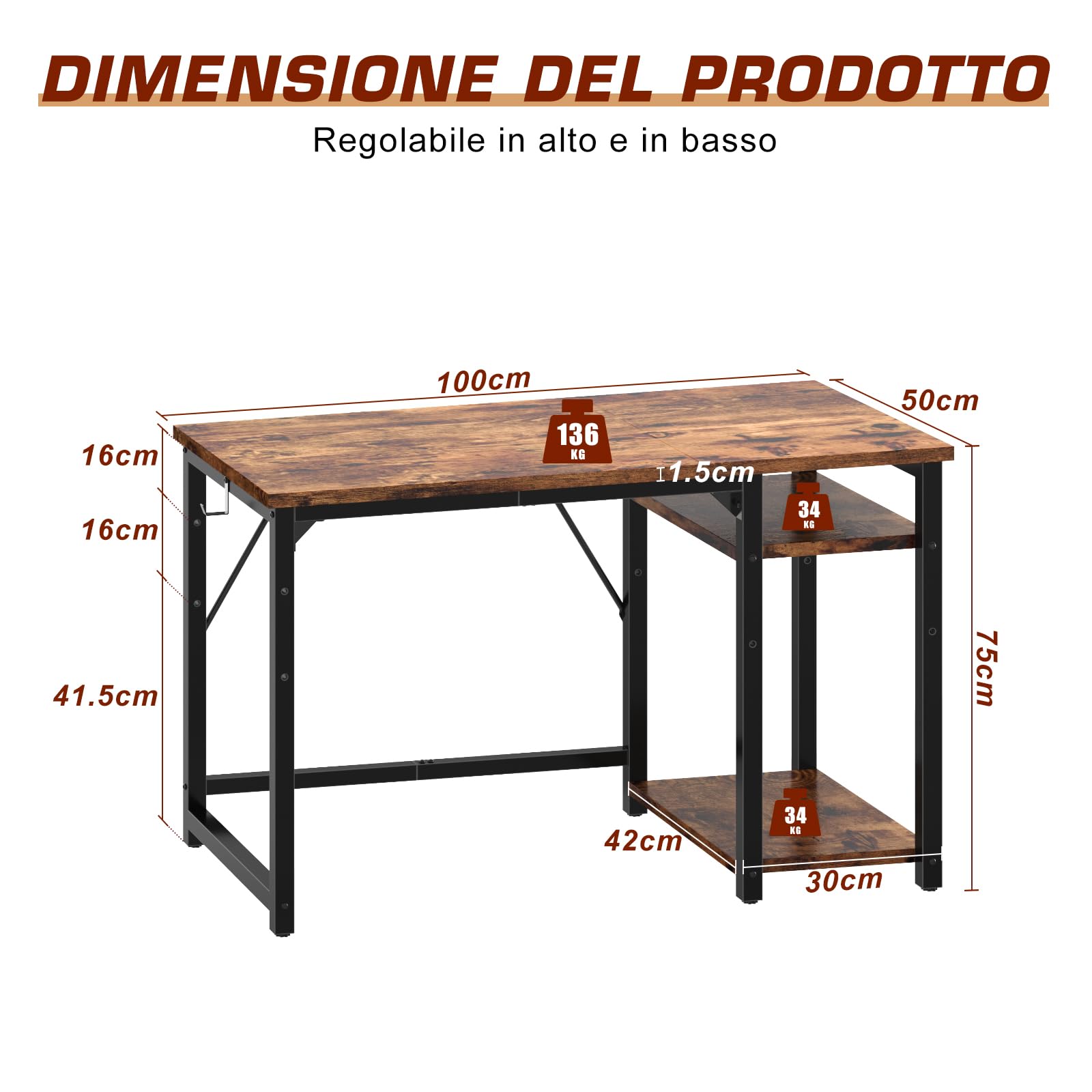 JUMMICO Scrivania 100 x 50 cm, Scrivania per Computer Scrittoio con 2 Ripiani a Sinistra o Destra, Separatore Regolabile, Tavolo da Lavoro Piano di Lavoro, Adatta per l'ufficio o il Soggiorno