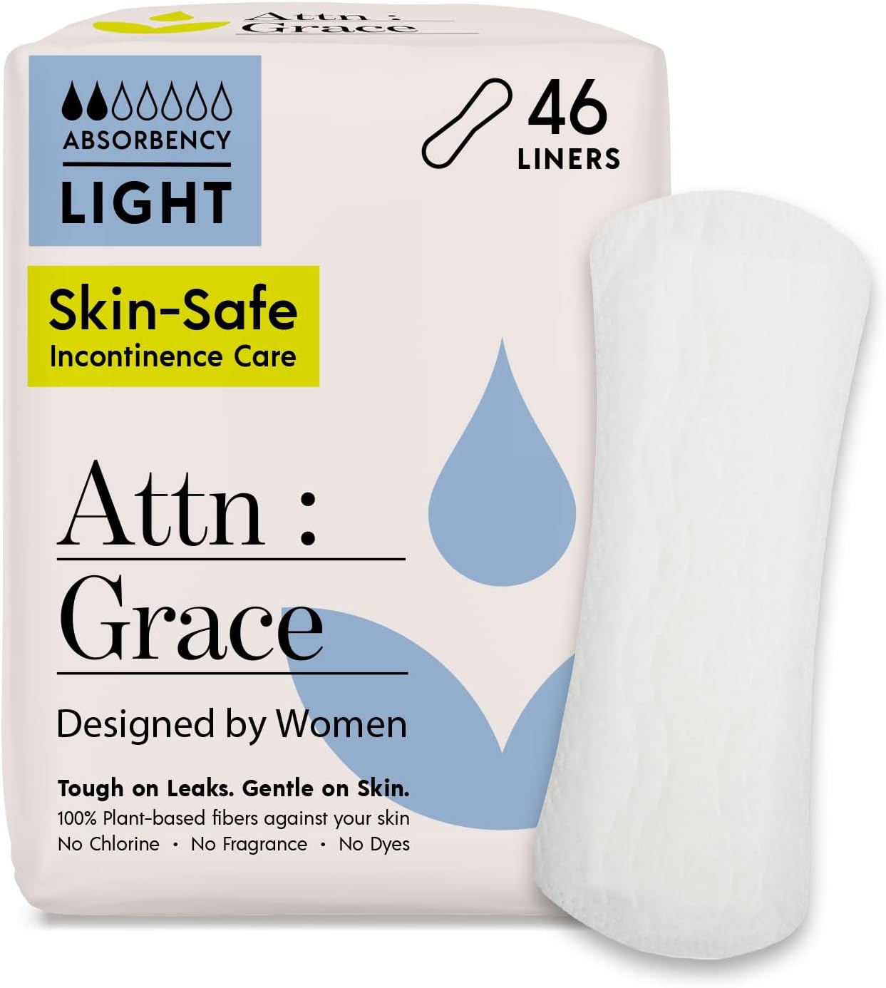 Attn: Grace Panty Liners for Women - 46 Liners – for Light Urinary Incontinence or Bladder Leakage - 100% Breathable and Plant-Based Materials with Active Odor Control - Free from Harsh Chemicals