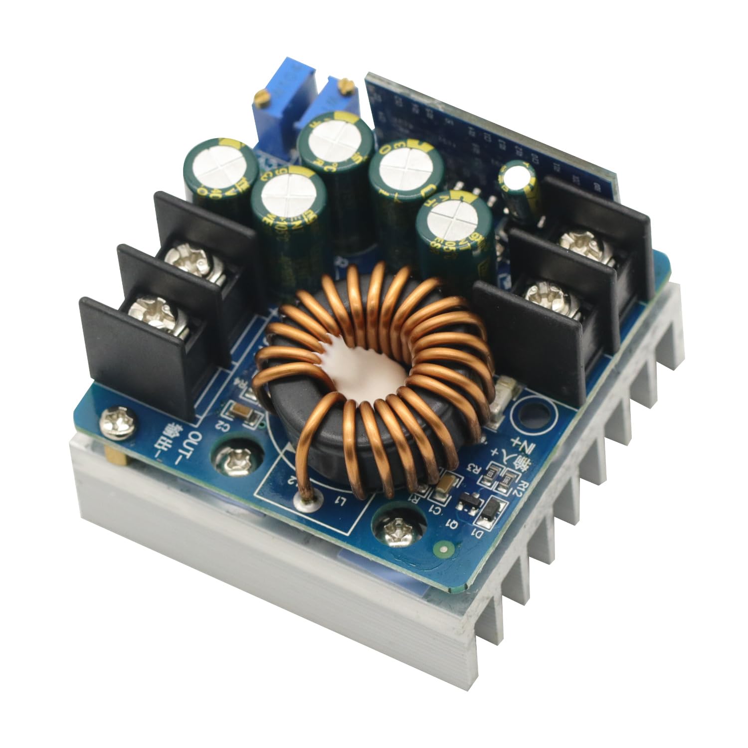 Top-down view of the DC-DC buck converter module with heatsink.
