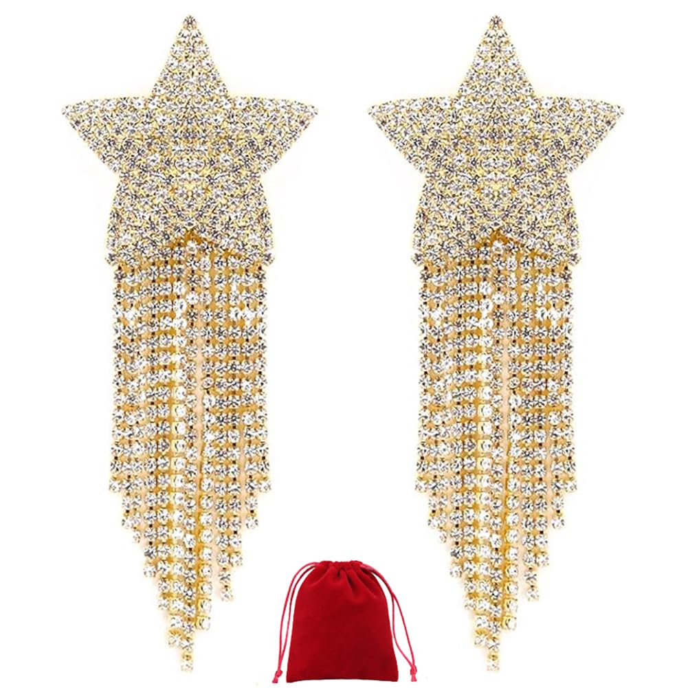 Women's Gold Shiny Rhinestone Nipple Cover Reusable Sparkly Star Pasties Breast Petal Sticker With Crystal Tassel (Gold)