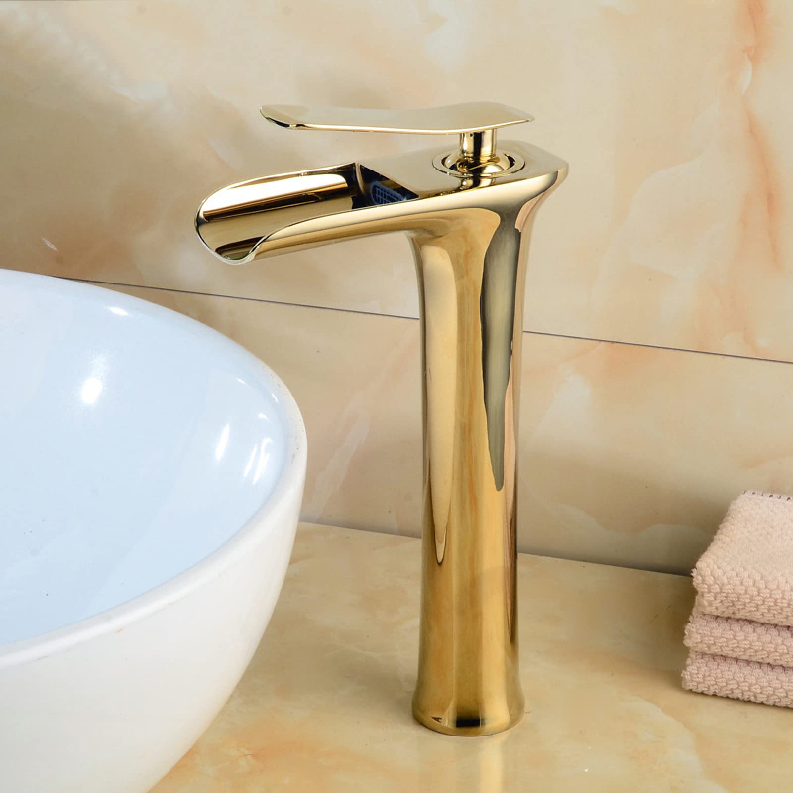 Robinet de lavabo cascade en laiton doré mitigeur eau chaude et froide
