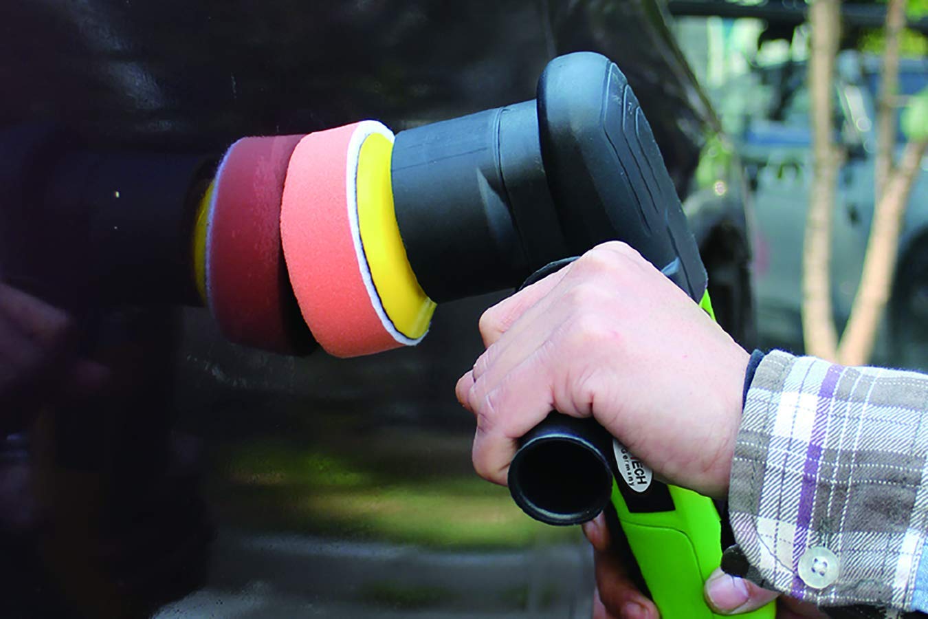 Hofftech Winkelpolierer - 3500-6400 U/Min Excenter Poliermaschine Auto (300 W, Polier-/Schleifteller-Ø 75 mm, inklusive 6 Polierschwämme