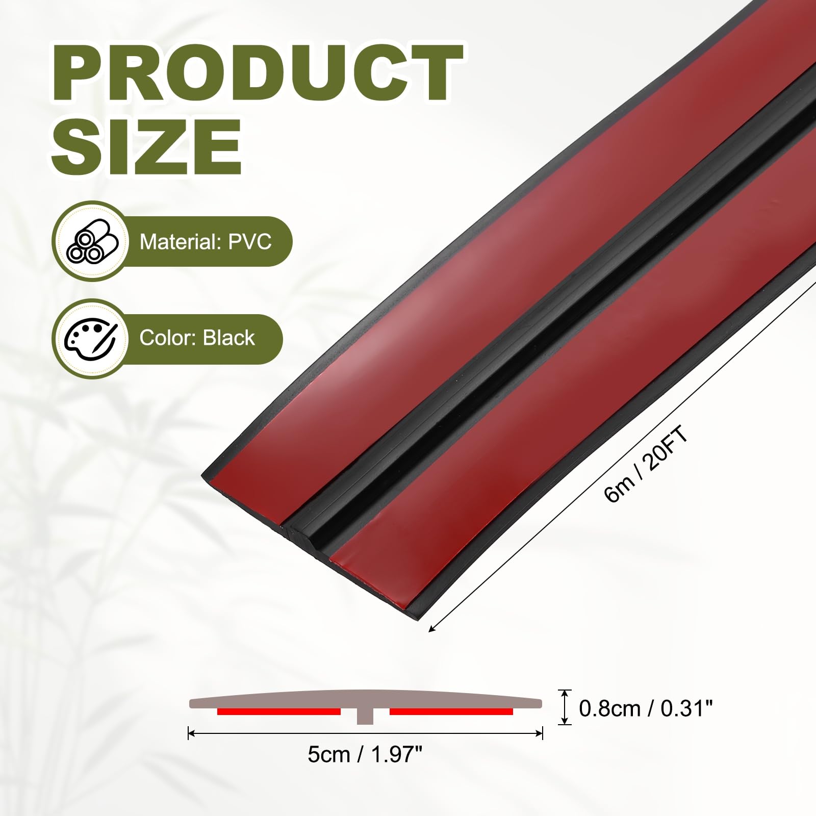 sourcing map Bande de transition de sol, 6 m x 5 cm x 0,8 cm, bande autocollante en forme de T pour interstices de sol, transition de moquette, noir