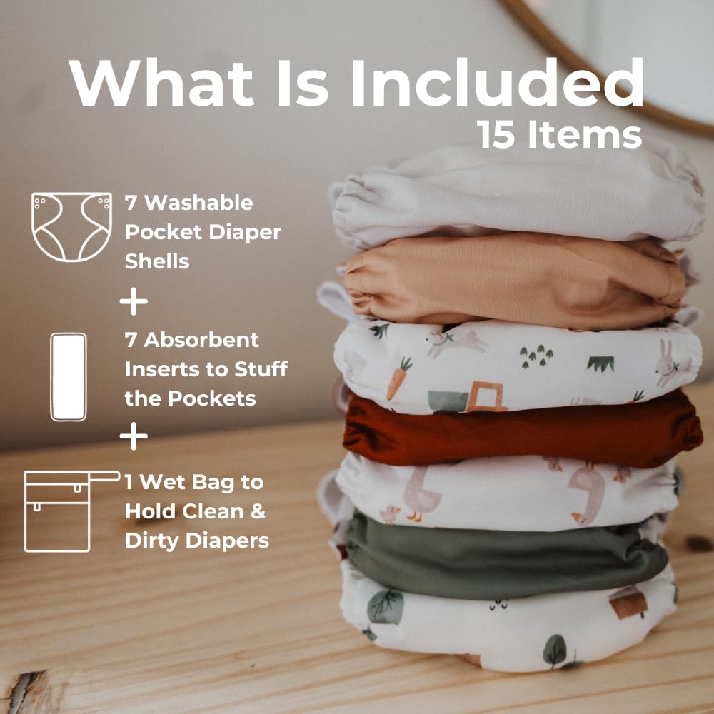 On The Farm Baby Cloth Pocket Diapers 7 packs, 7 inserts Bamboo Inserts, 1 Wet Bag by Nora's Nursery