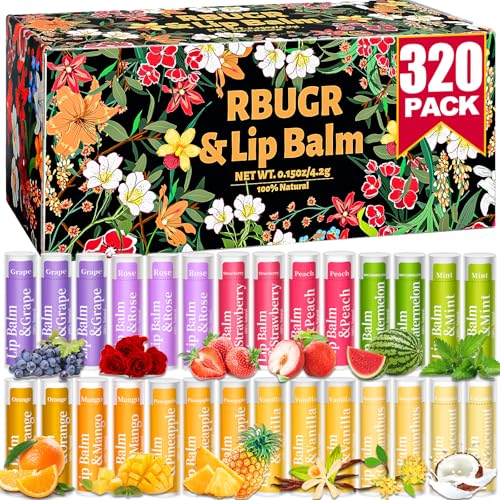 RBUGR - 320 bálsamos labiales sueltos, 12 bálsamos labiales con sabor, paquete de bálsamo labial natural, bálsamo labial orgánico hidratante
