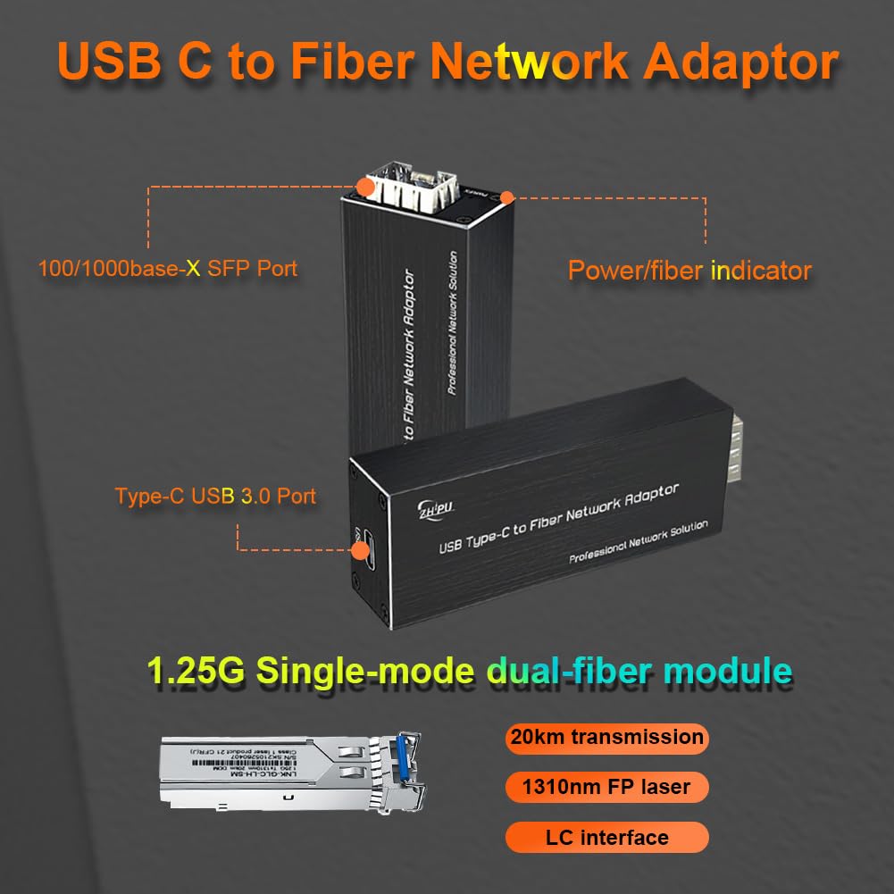 Adaptateur réseau Gigabit USB 3.0 vers 100/1000base-X SFP | Carte réseau USB C vers fibre, équipée d'un module double fibre monomode de 1,25 G, transmission de 20 km
