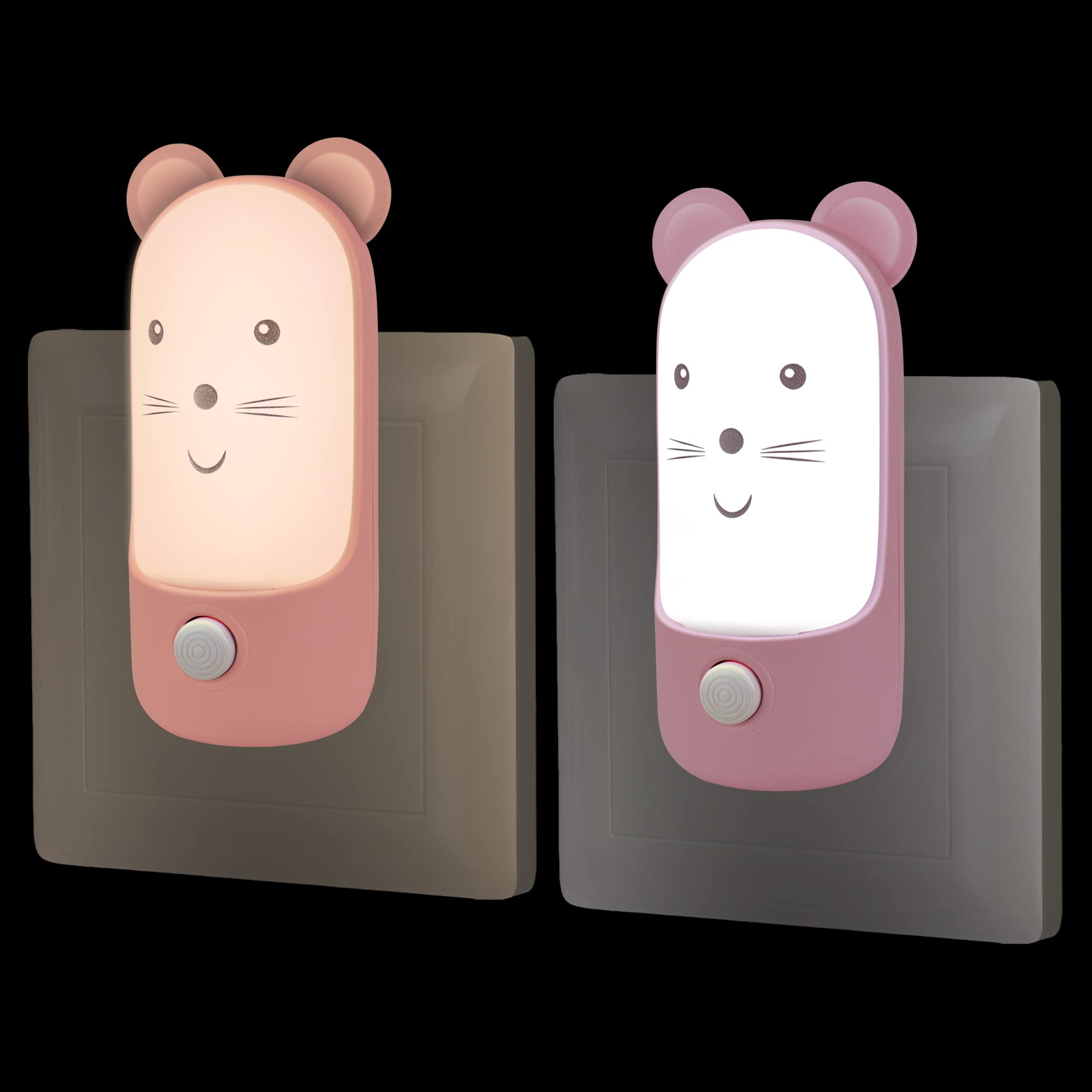 Luz Nocturna LED para Enchufe con Interruptor, 2 Piezas Lampara Quitamiedos Infantil, Luz Noche Ratón para Dormitorio Recién Nacidos, Lámpara Mesita Noche Pared, Luz Lactancia, Regalos para Bebé Niña