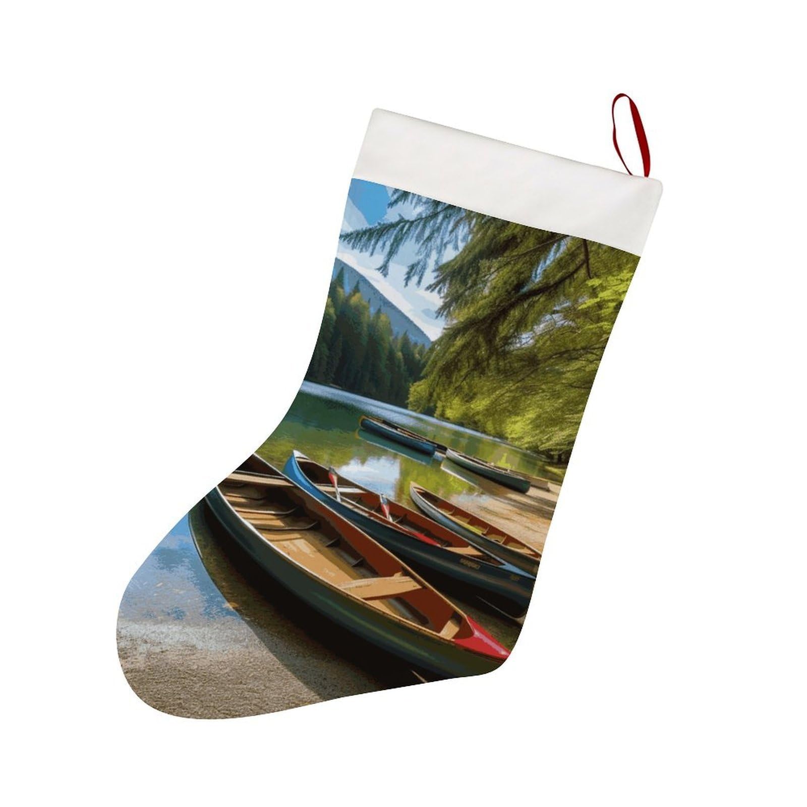 Lake with Boats Canoes Park Christmas Stocking Cute Personalized Christmas Stocking Soft Plush Cuff Christma Socks Gift Decoration Socks for Family Holiday Party