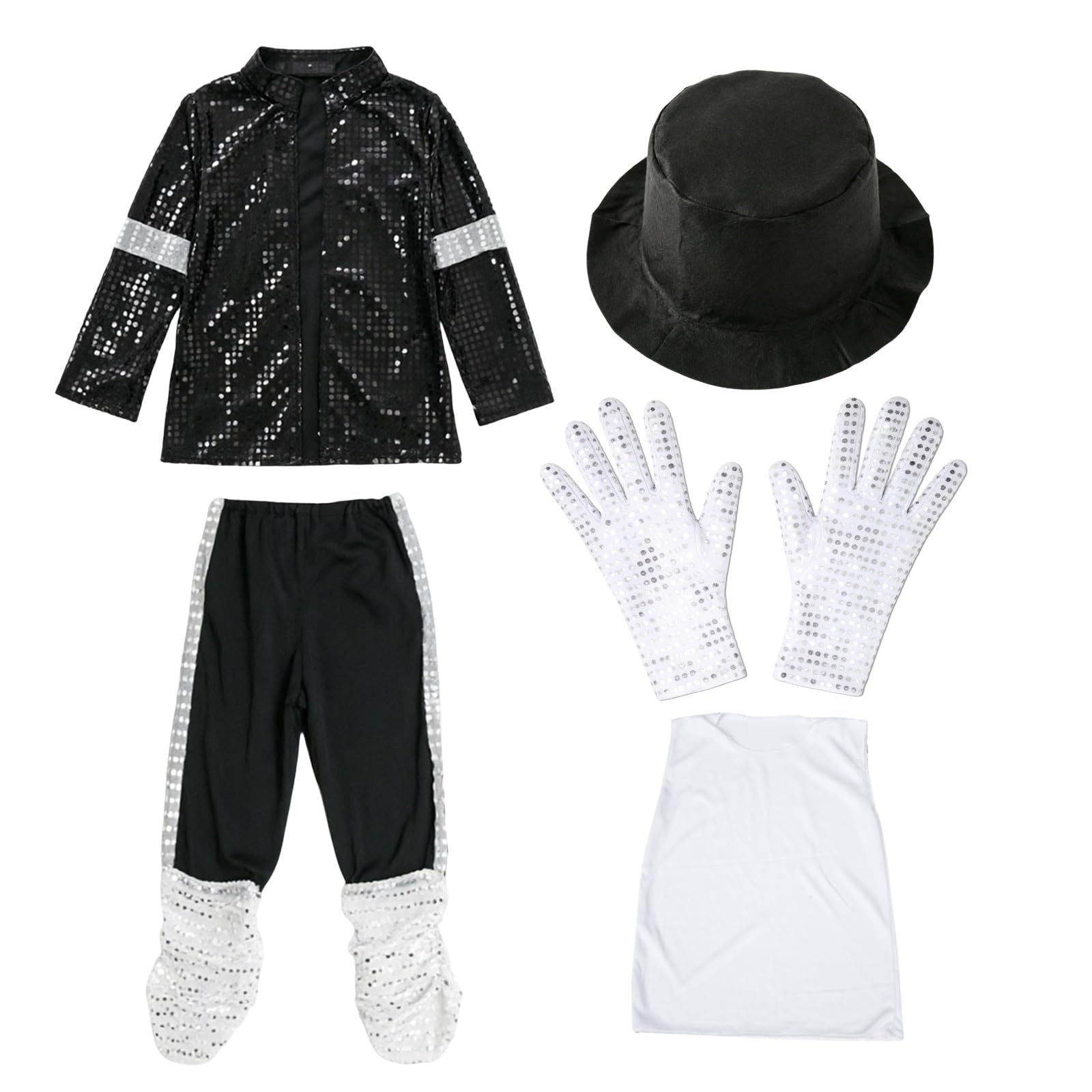 Deguisement Roi de la Pop Garcon Veste et Pantalon à Paillettes Noire Années 80-90 avec Chapeau Gant, Tenue Moonwalk pour Enfant 4-12 Ans Halloween Carnaval Déguisement