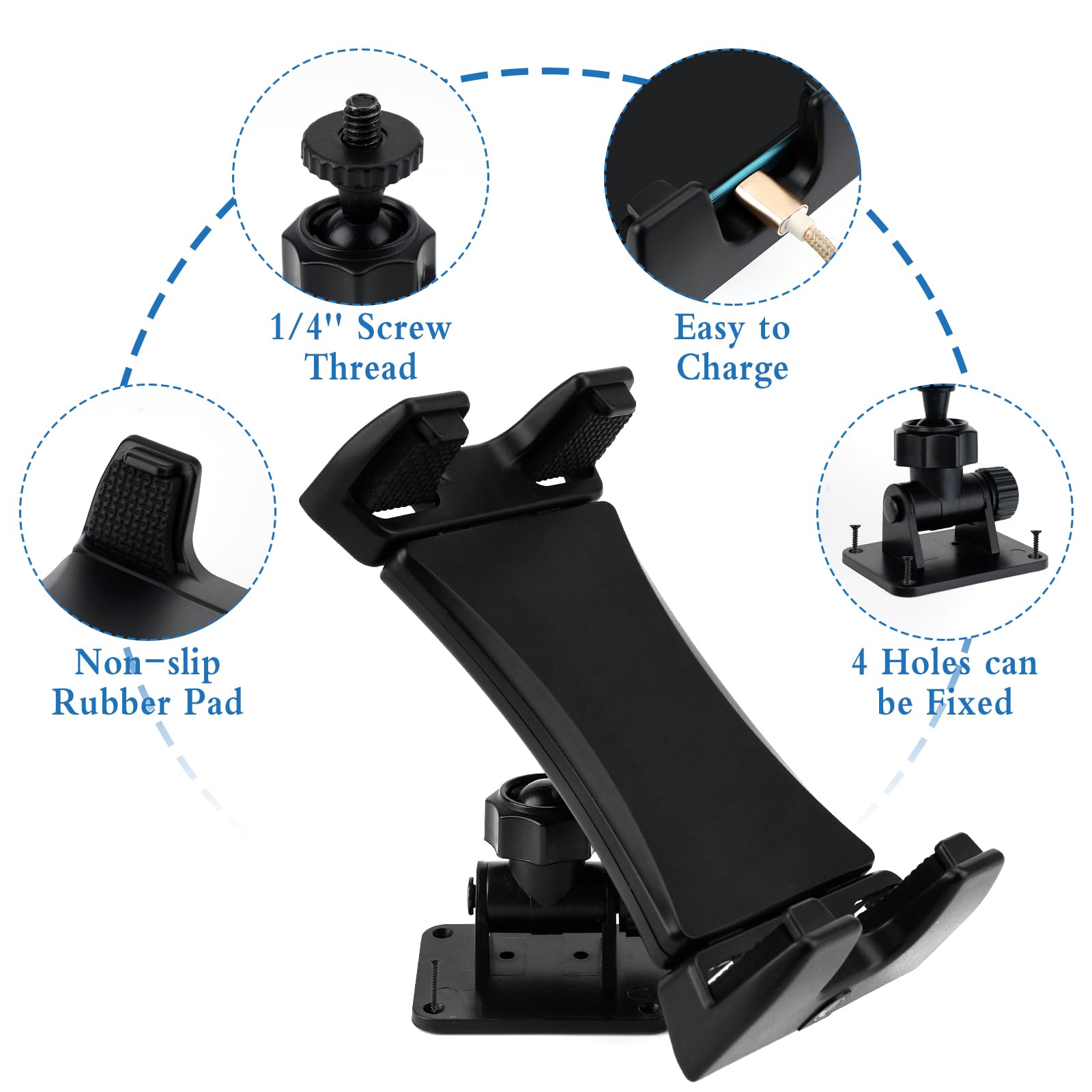 Support Mural Pour Tablette Rotatif 360° - Compatible 7 à 14 Pouces - Fixation Vis Ou Adhésive - Bureau, Cuisine, Voiture