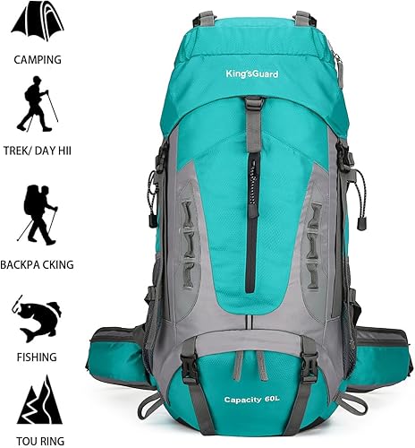 Miniatura 2 de King'sGuard Mochila de senderismo 60L para hombres y mujeres, mochila de camping impermeable, mochilero, montañismo, escalada, mochila, Azul lago,