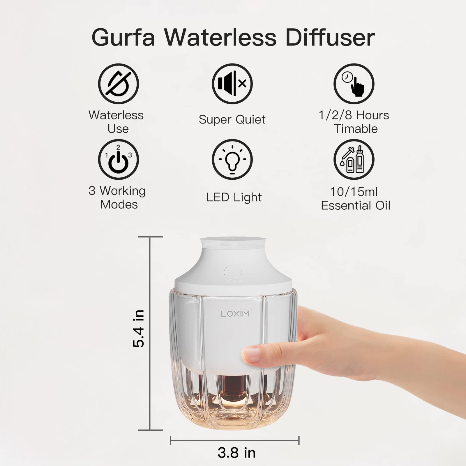LOXIM Gurfa Diffusori di oli essenziali senza acqua con tecnologia nebulizzante per grandi stanze, casa, auto, ufficio, portatile, senza fili, super silenzioso, embient light a batteria, diffusore di