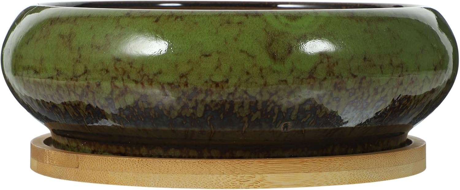 GANAZONO Succulent Succulent Planters with Drainage Ceramic Bonsai Pots with Bamboo Trays Round Shallow Pots for Indoor Cactus Flower Plants Green