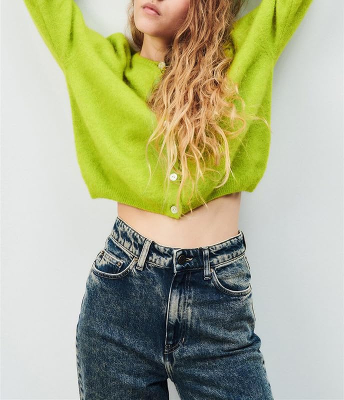 Image of Women Button Down Cardigan Long Sleeve Crewneck Sweater Vintage Lightweight Knit Jacket Fall Going Out Top