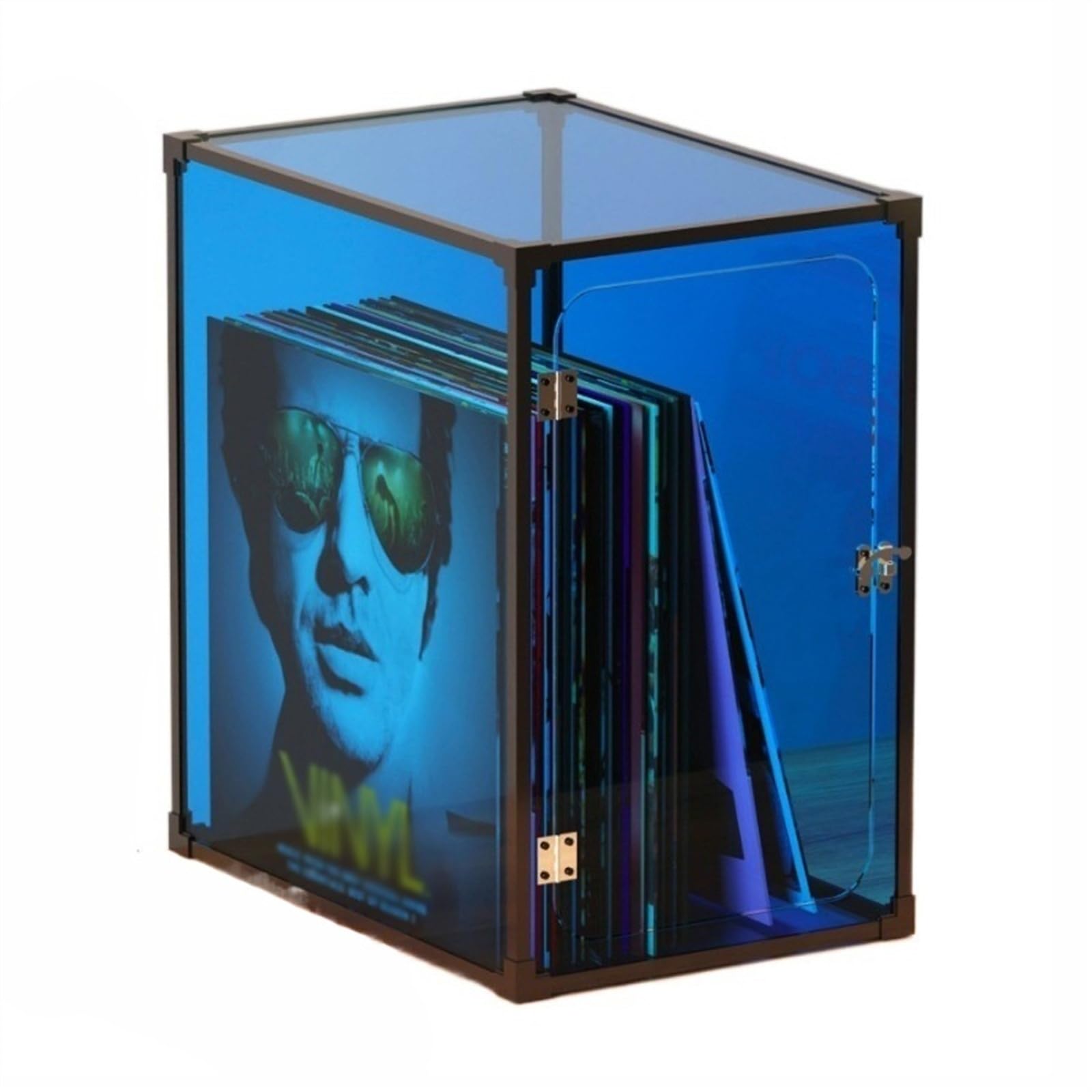 Ef2prc8kf Blue Record Rack Vinyl Record Storage Crate, Lp Holder Case With Aluminum Alloy Frame, Organic Glass Cover Organizer Box, Easy To Install