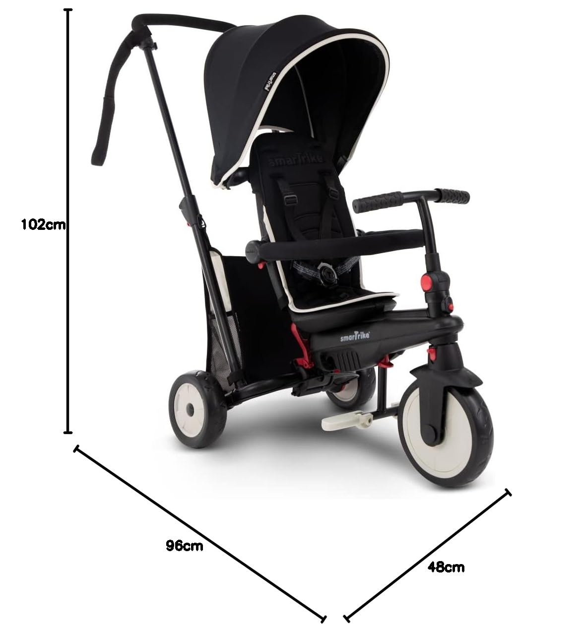 Smat Trike - TRICICLO PIEGHEVOLE 6IN1 CON SCHIENALE RECLINABILE, MANIGLIONE DIREZIONALE ED ALLUNGABILE E AMMORTIZZATORI BREVETTATI: SMARTRIKE STR3 PER BAMBINI DAI 10 MESI AI 3 ANNI – NERO