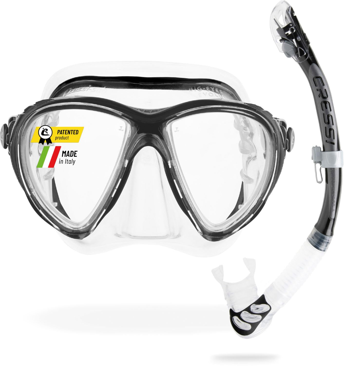 Cressi Big Eyes Evo & Alpha Ultra Dry Snorkel Set Adults - Silicone Snorkel Mask - Dry-Top Breathing Tube - Fit Diving Mask - Clear/Black - Combo Set