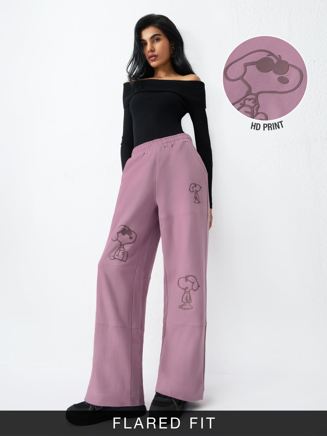 The Souled Store Peanuts: Happy Snoopy Damen-Jogginghose mit elastischem Bund, malvenfarben, bedruckt, Baumwoll-Fleece, ausgestellte Passform, leicht, für alle Jahreszeiten