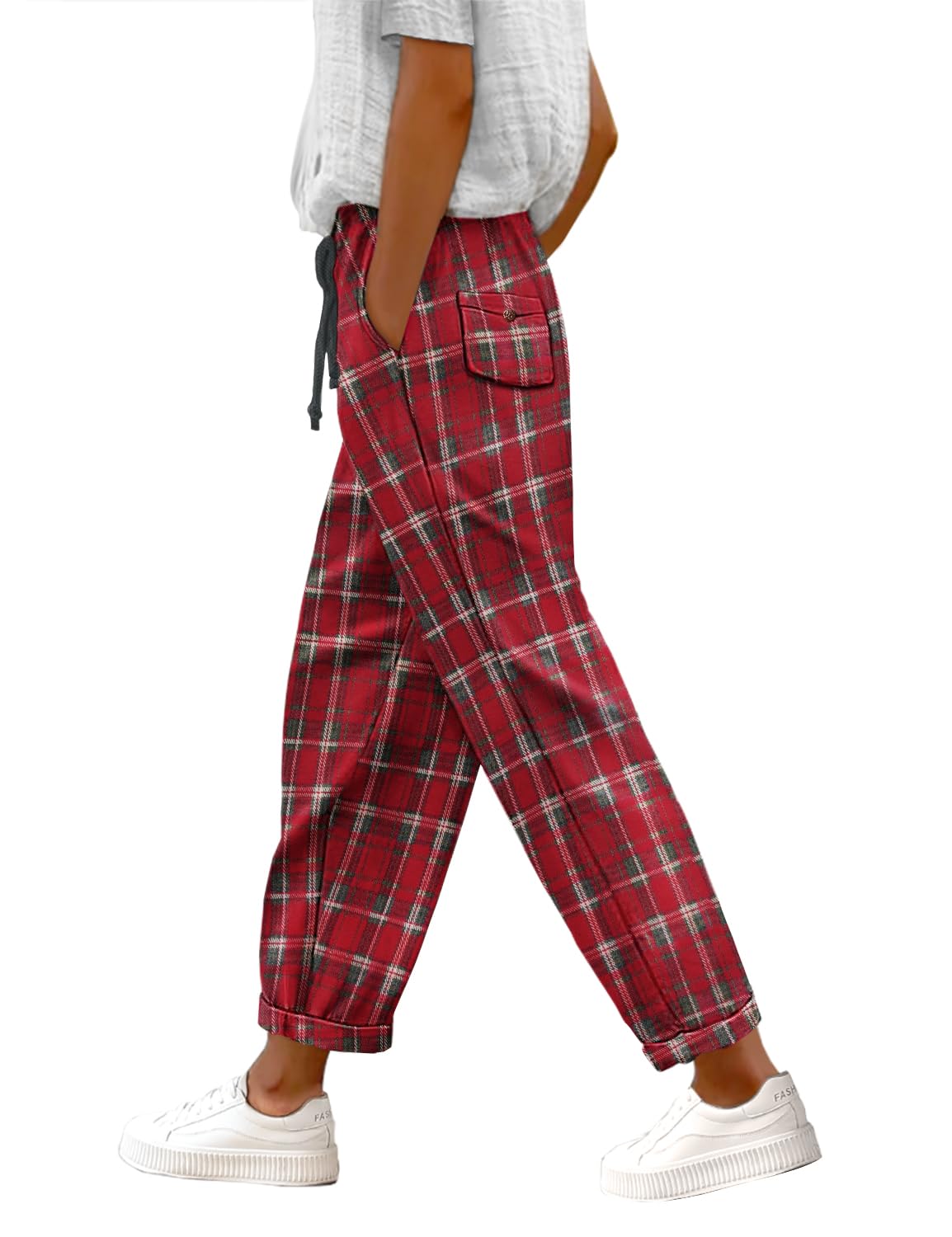 YESNO Womens Casual Straight Leg Pants Fall Drawstring Elastic High Waist Woolen Tapered Trousers with Pockets PWT