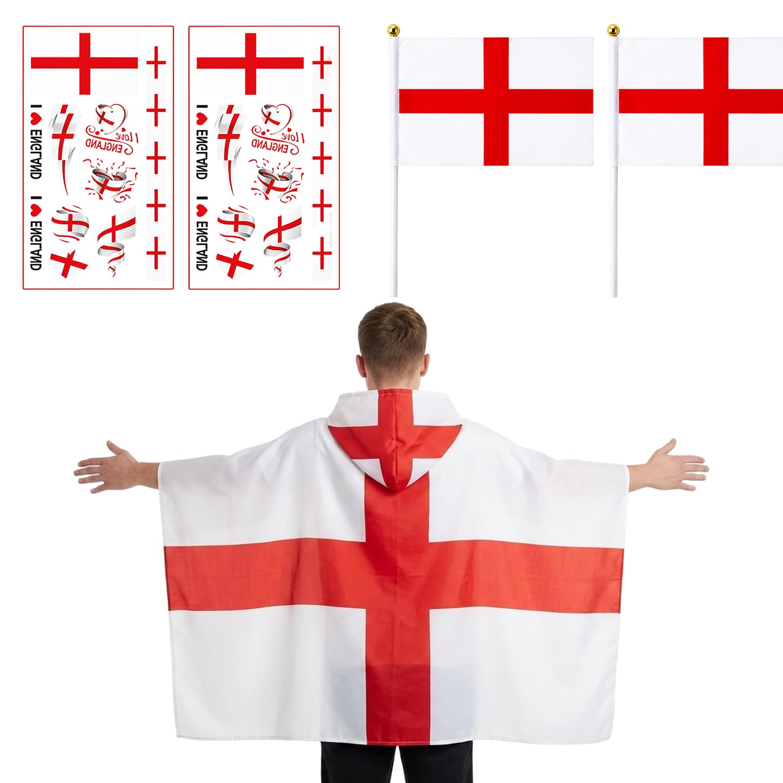 England Flag, World Cup 2026 Merchandise, 5 Piece Set Football Match and Festival Decorations, Including Cape and Stickers