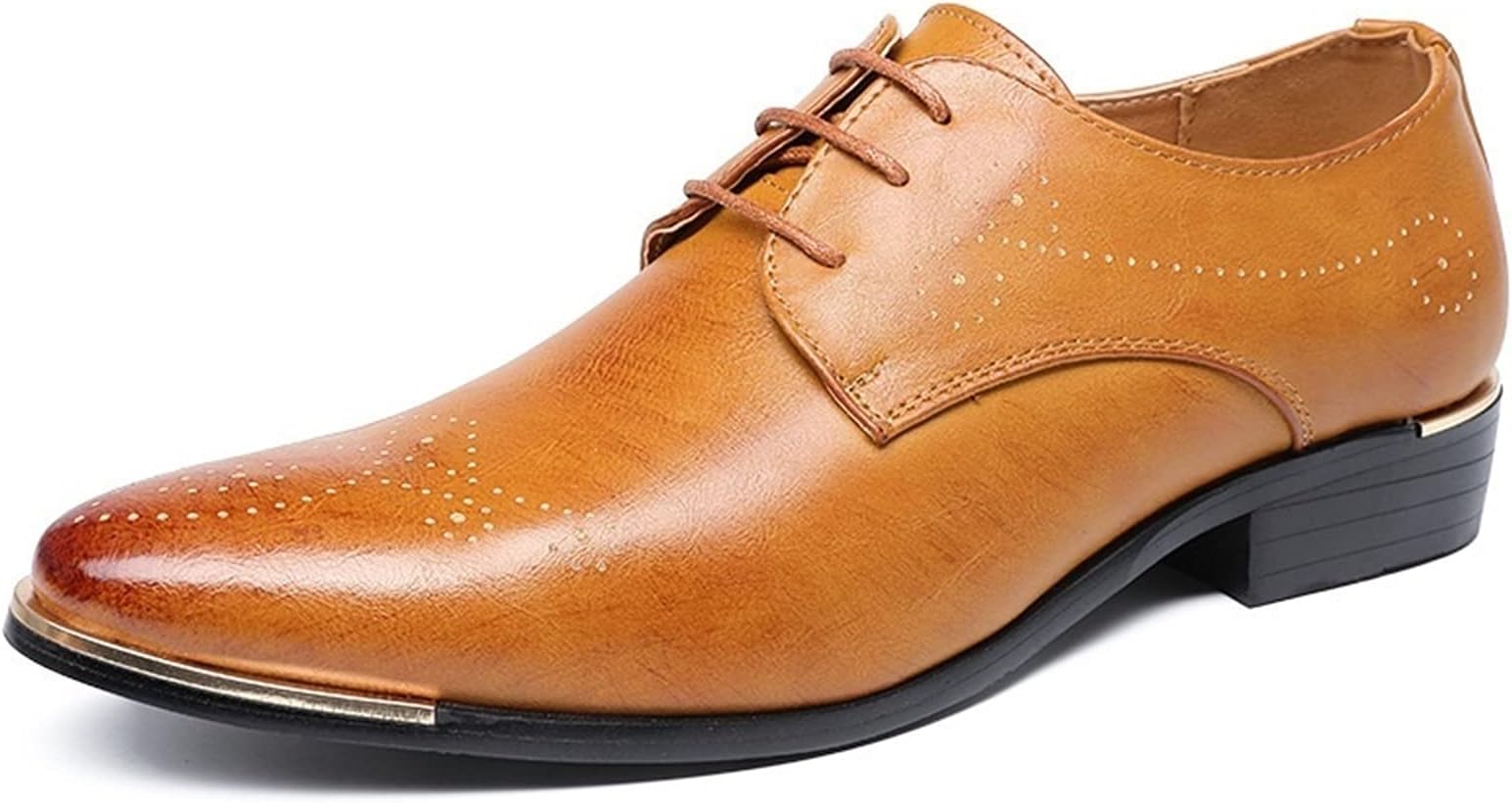 Zfl-flsnxx Men's Dress Shoes, Formal Business Brogue Loafer for Men Low Top 3-eye Primp Lacing Shoes Vegan Leather Cycle Toe Solid Color Block Heel (Color : Yellow, Size : 39 EU)