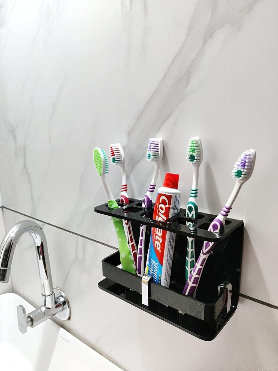 BonsenkitchenWall Mounted self Adhesive Acrylic Tooth Toothbrush Holder for Bathroom,Toothbrush Tumbler,Toothpaste for Bathroom Stand 8 in x (Big BLACKAC)