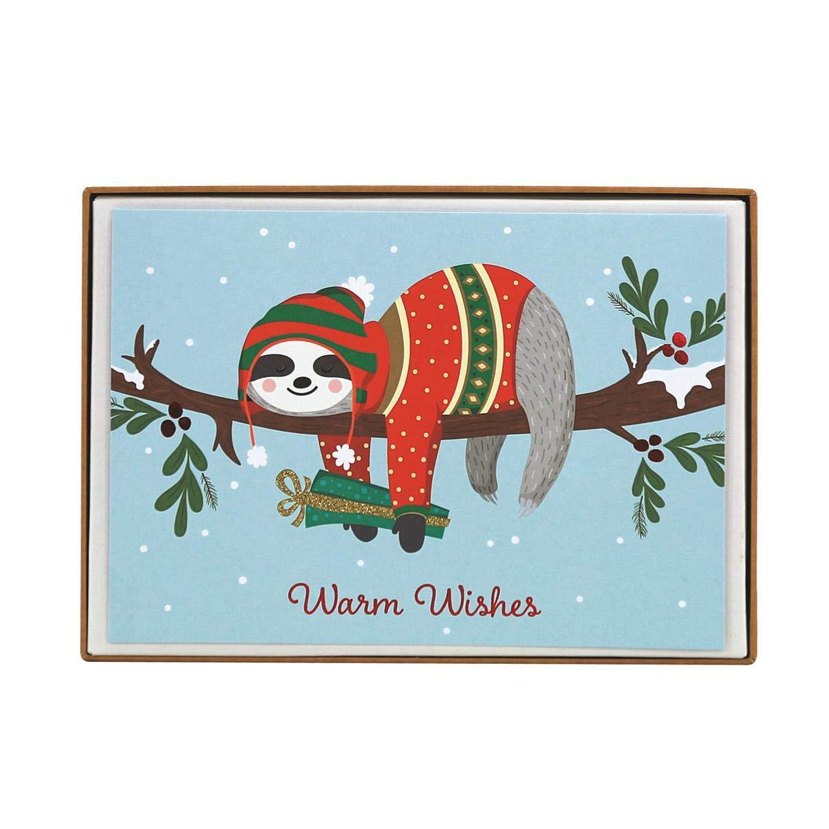 GraphiqueSloth Boxed Cards — 15 Cute Winter-Dressed Sloth Holiday Cards Above Embellished Red Foil "Warm Wishes" Message, Christmas Cards Includes Matching Envelopes and Storage Box, 4.75" x 6.625"