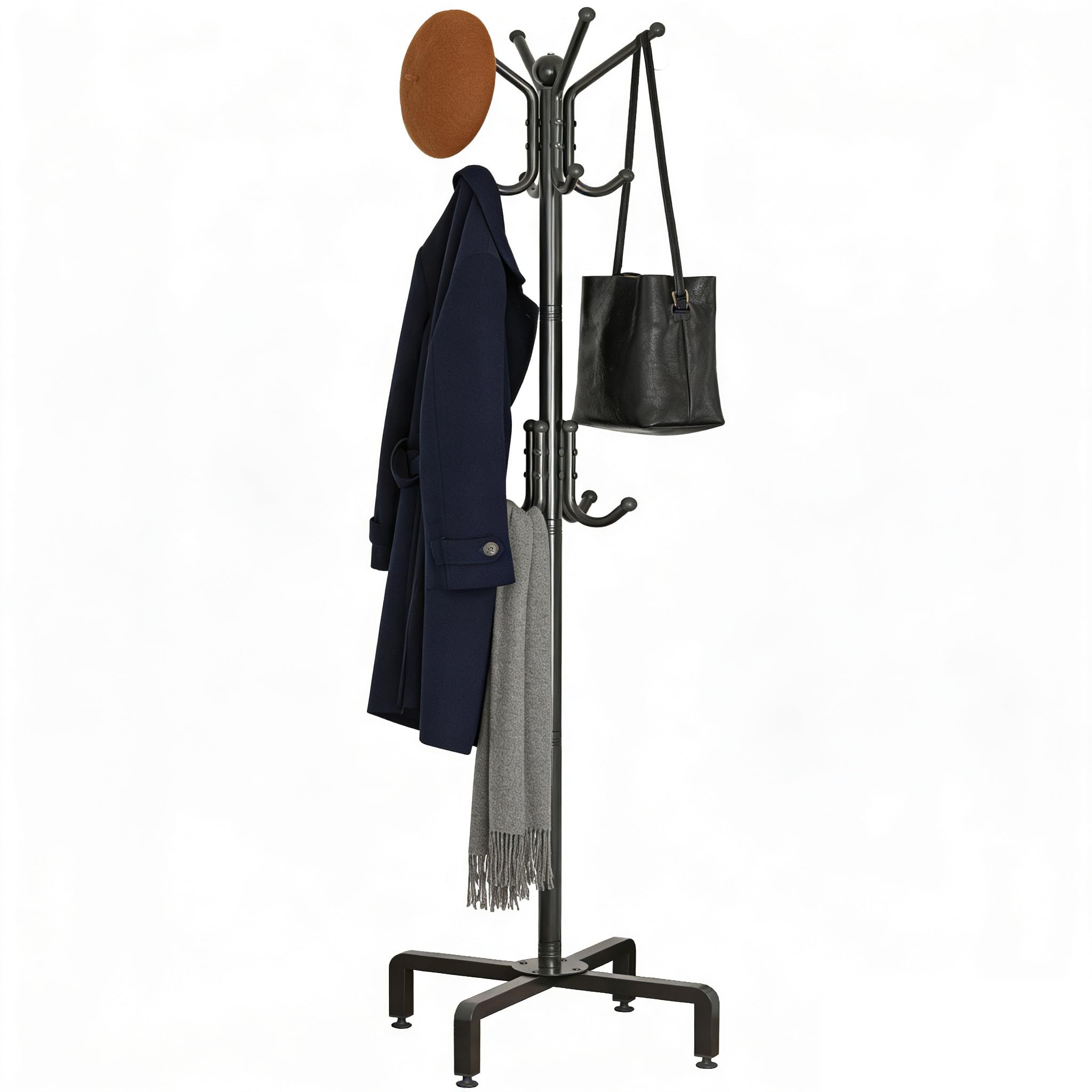 Porte-manteau avec pieds carrés réglables et boule décorative, 178 x 54 x 40 cm, arbre à manteau en métal, robuste et autonome (noir)