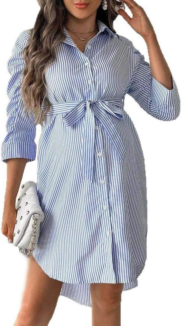 COSYOU Women's Button Down Shirt Dress Collar 3/4 Sleeve Curved Hem Blouse Tunic Dress with Belt