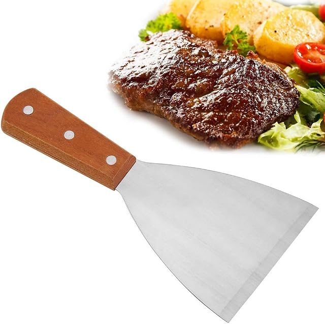 Grill Spatula, Stainless Steel Non-Stick Steak Pancake Burger Spatula Turner Griddle Scraper Cooking Tools with Wooden Handle