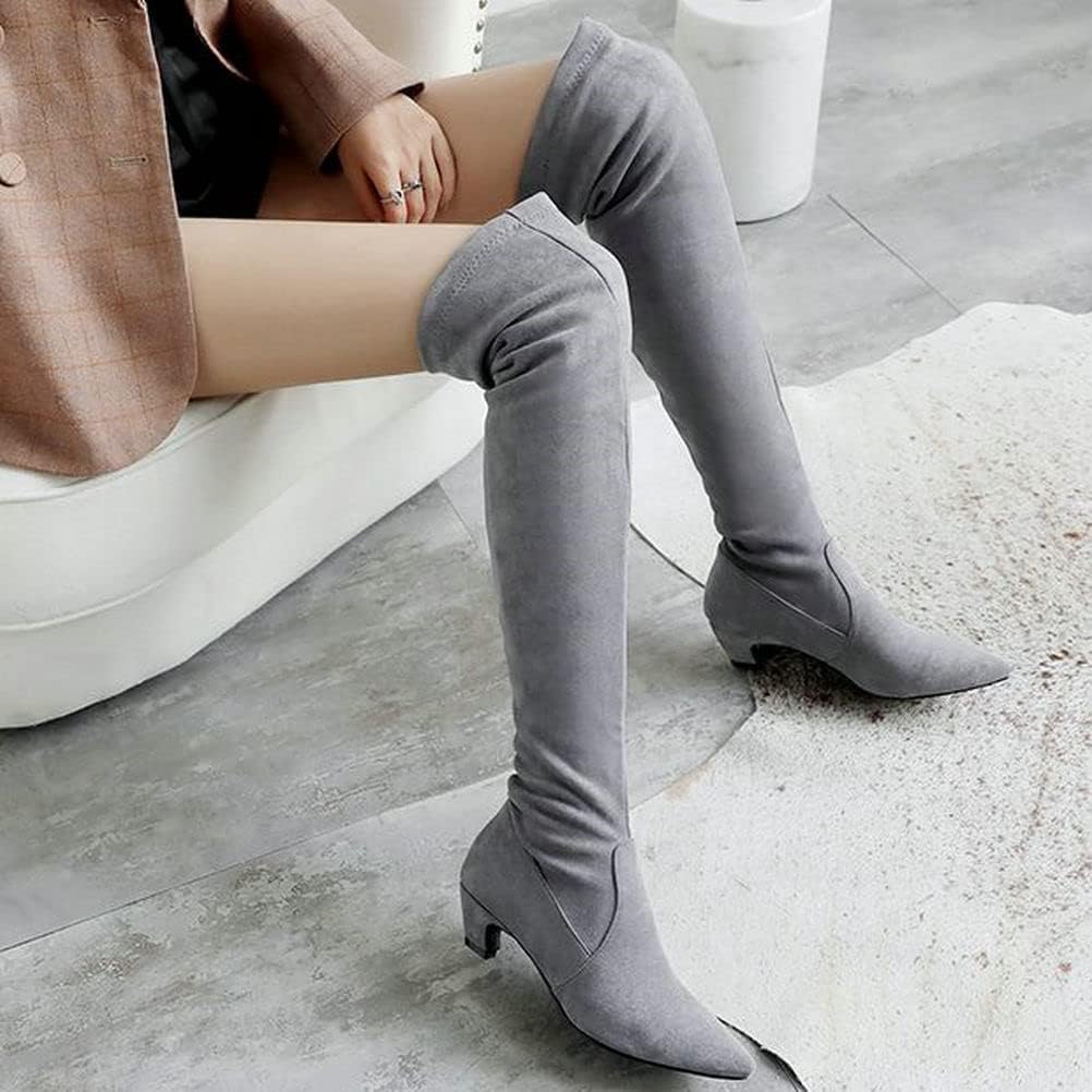 ClassicSter Womens Faux Suede Thigh High Stretch Boots Kitten Mid Heel Pointed Toe Over The Knee Boots