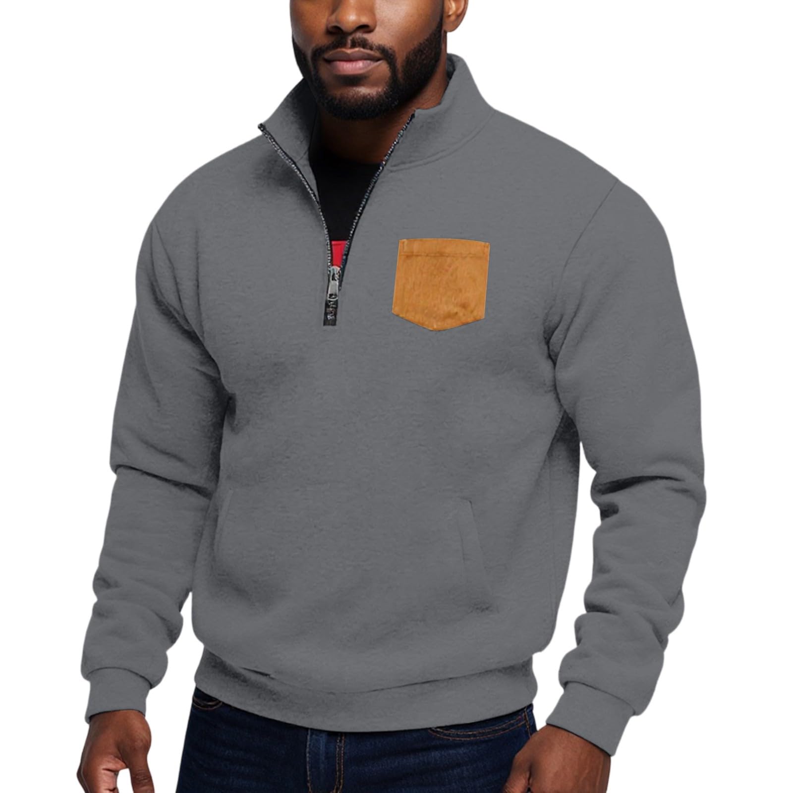 Herrenpullover mit Brusttasche Zipper Langarmshirt mit Reißverschluss Arbeitspullover Winter Sportshirt Langarm Sweatshirts