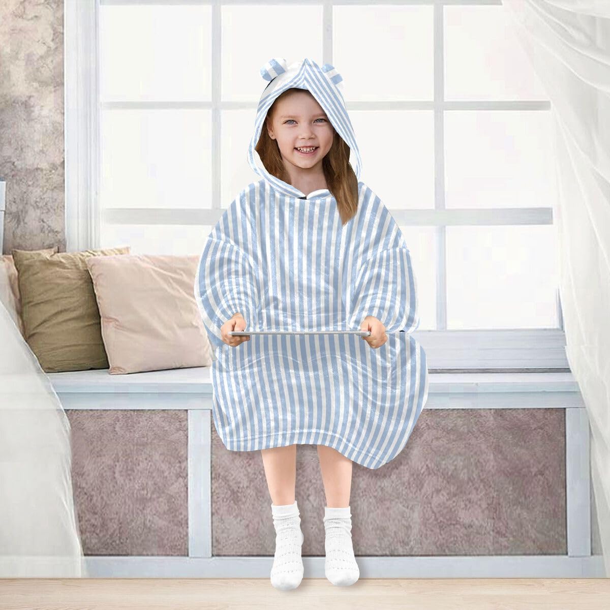 Niebieski lniany koc w paski dla dzieci do noszenia bluza z kapturem oversize bluza koc sweter geometryczny dla chłopców i dziewcząt w wieku 3-14 lat