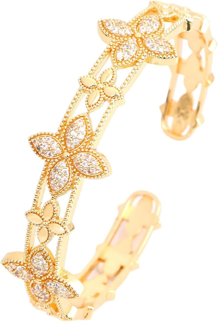 Gold Plated Flower Bangle Bracelet for Women with Cubic Zirconia, Dainty Floral Design Jewelry Gift for Wedding, Anniversary, or Party
