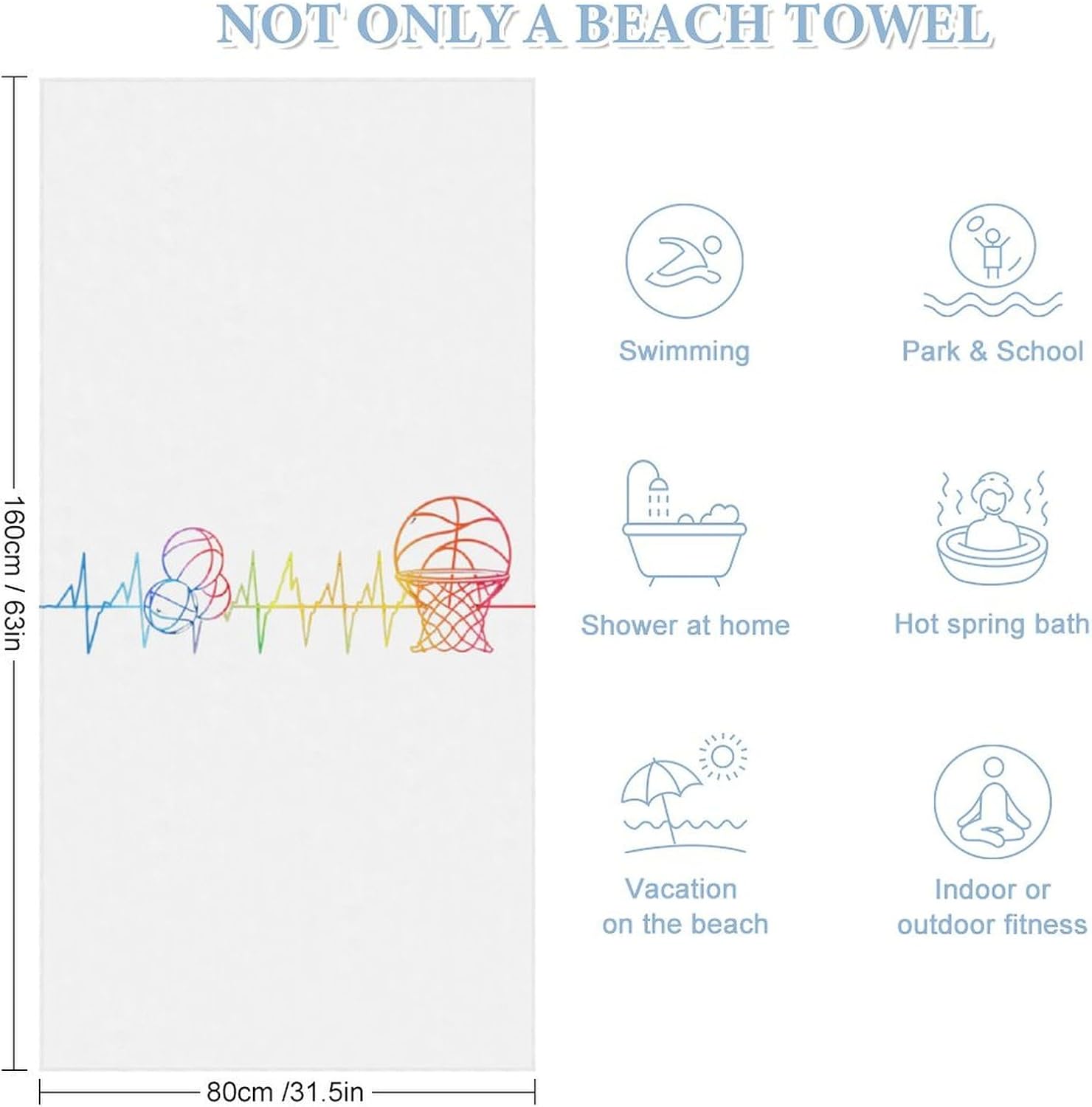 Ball Heartbeat Basketball Bath Towel Beach Towels Quick Dry Oversized Bath Blanket Highly Absorbent Towel for Women Men 160x80cm