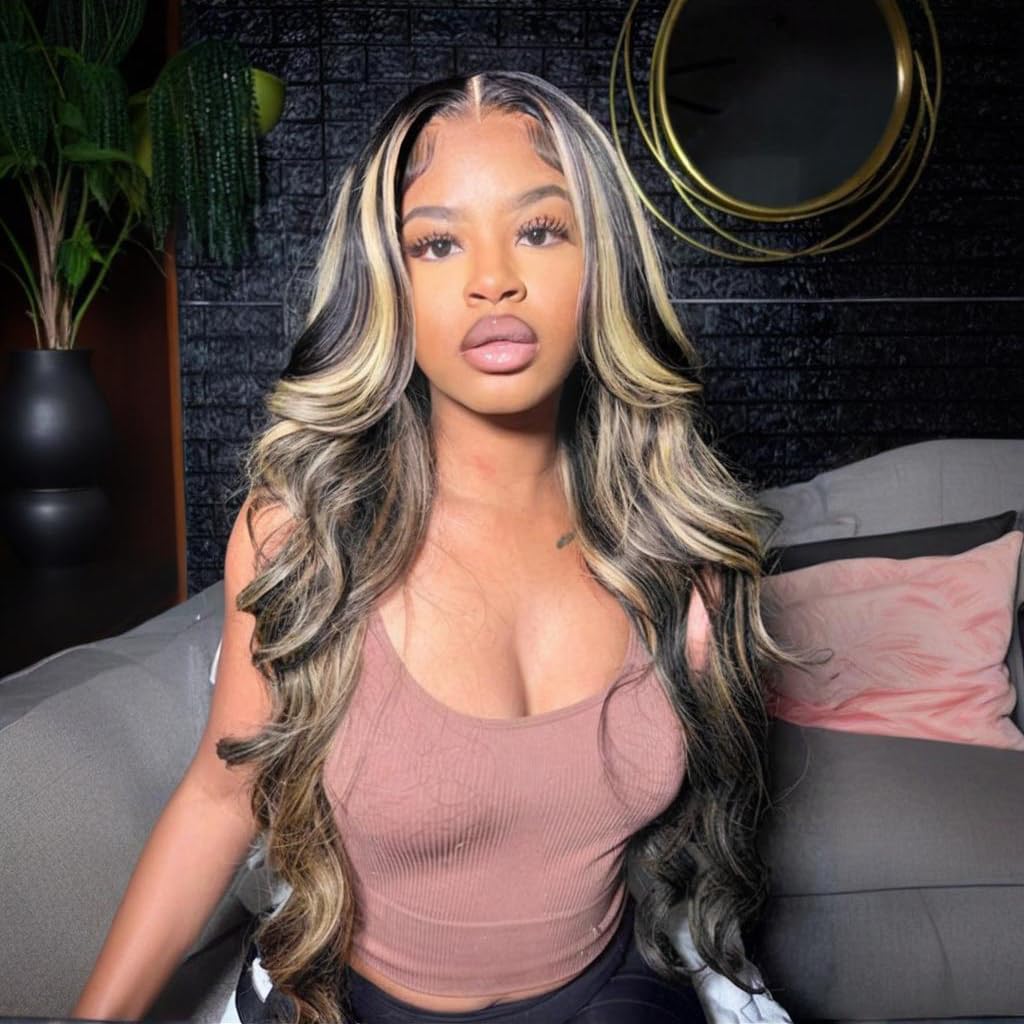 Kephare FB/27 28 Inch Highlight Balayage Wig Human Hair 13x4 HD Lace Front Wigs Body Wave 1B/27 Ash Blonde Omber Lace Front Wigs Human Hair Pre Plucked for Black Women 180% Density