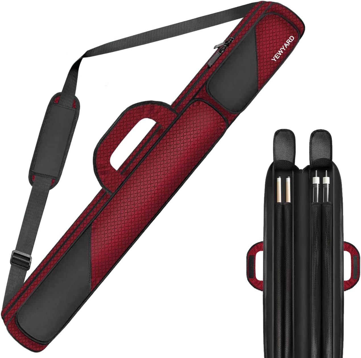 Pool Cue Case, Pool Stick Case 2x2 Holds 2 Sticks with Multi Zipper Pockets Accessories, Sturdy Polyester Pool Cue Carry Bag with Shoulder Strap Handle, Soft Billiard Cue Sling Bag for Men and Women