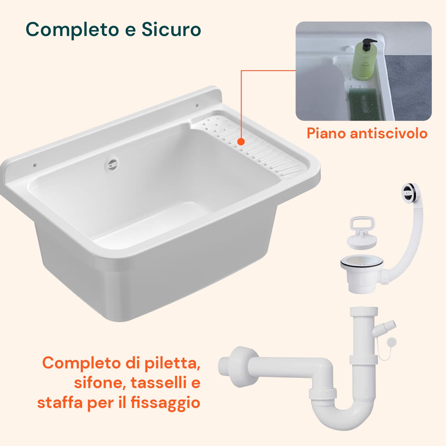 Avilia Lavatoio da Esterno - Lavabo da Parete per Lavaggio Vestiti a Mano, Ideale per Giardini, Terrazze, Campeggio, con Piano Antiscivolo, in Resina, 50x35x24cm, Bianco