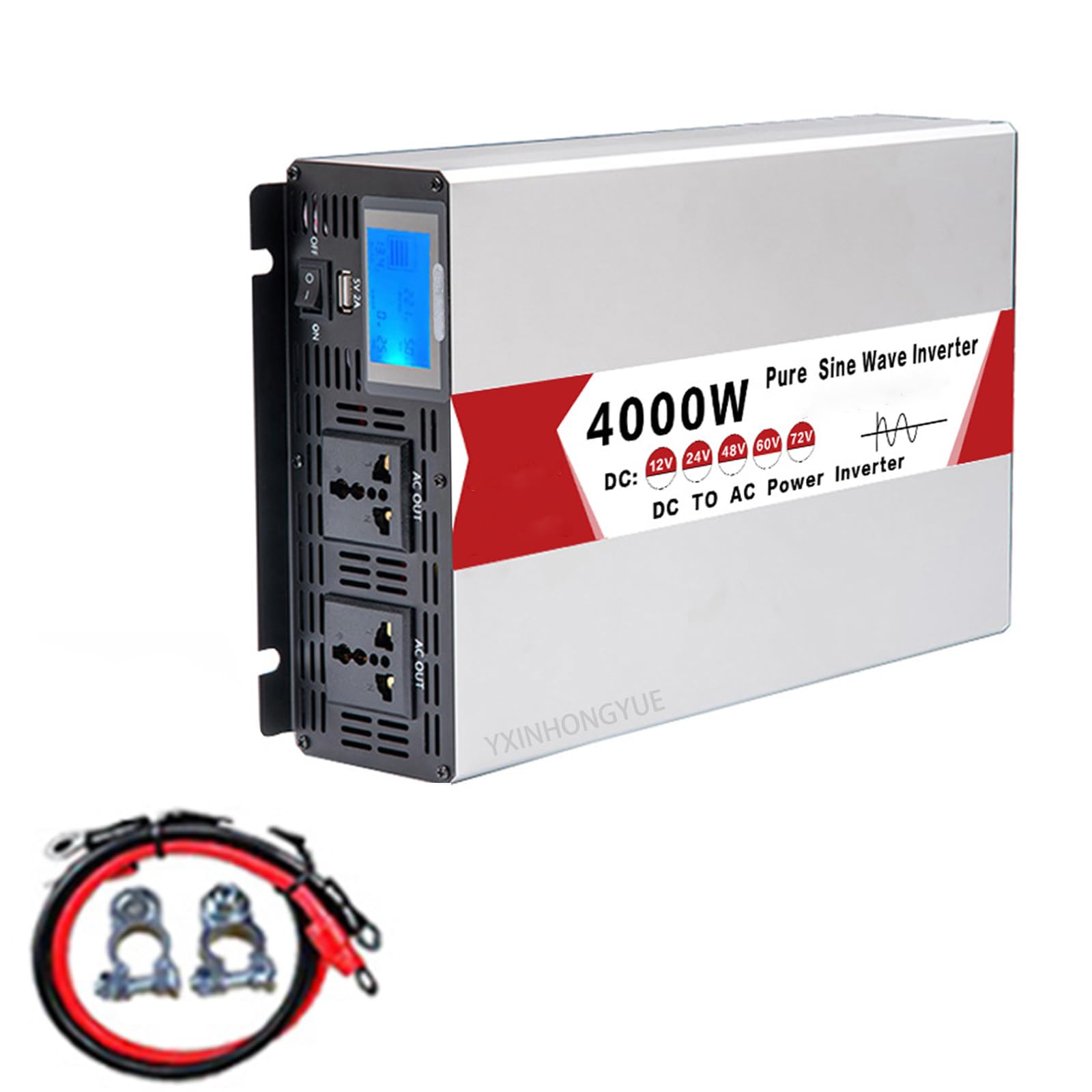 Przetwornica napięcia o dużej mocy do kamperów 4000 W (szczyt), DC 12 V/24 V/48 V/60 V do 220 V 50 Hz, z wyświetlaczem LCD HD, 2 gniazda AC do podróży