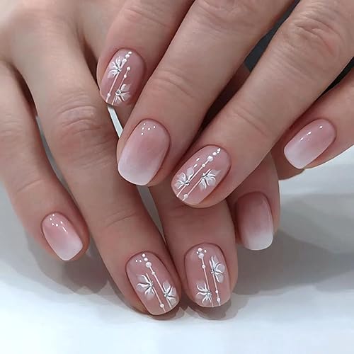 Uñas postizas cuadradas a presión, uñas acrílicas cortas color rosa nude con diamantes de imitación, diseños de flores, uñas con pegamento, uñas