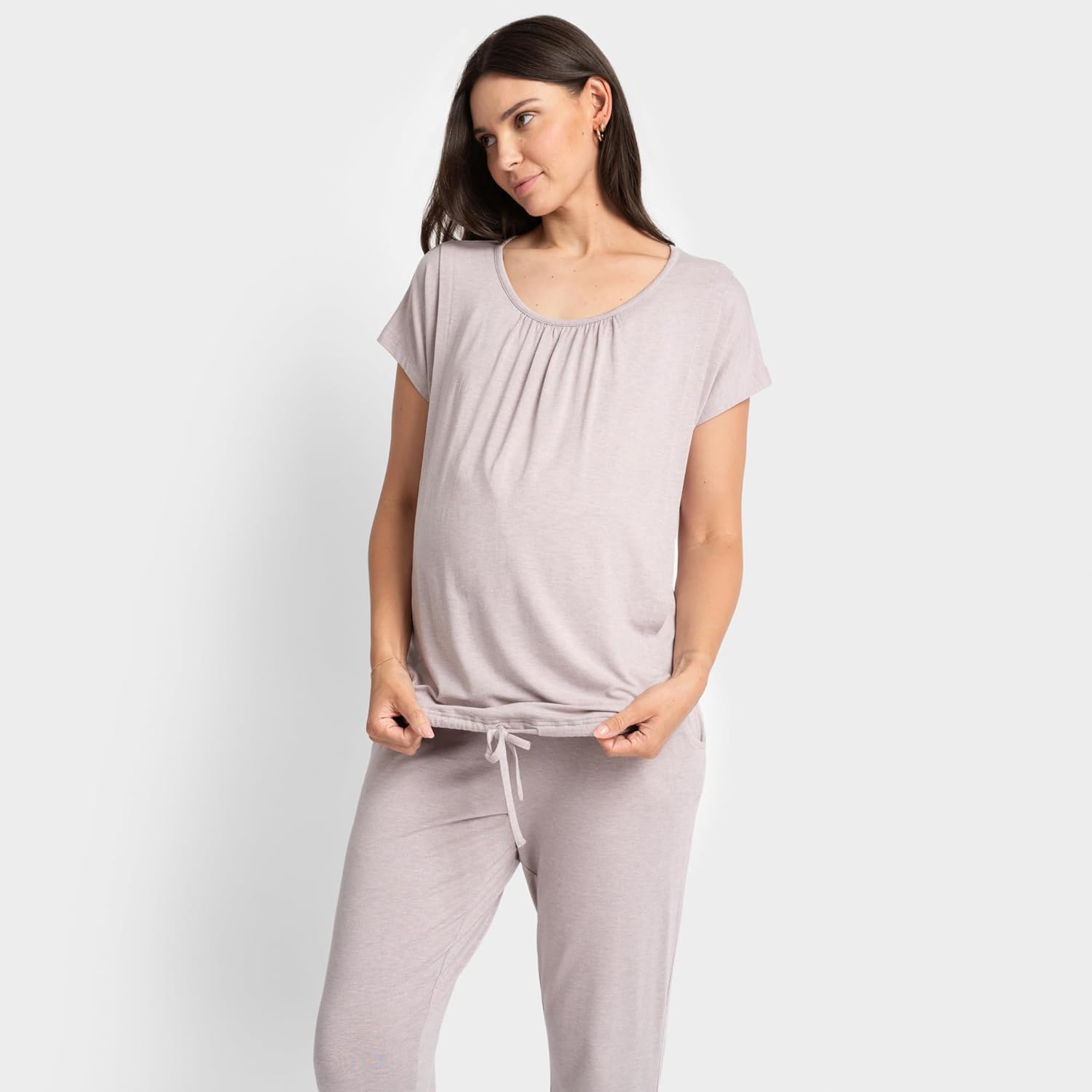 Seraphine Karen Maternity and Nursing Two Piece Lounge Set, Short Sleeve, Matching Pregnancy Loungewear and Mom Postpartum Clothes for Women, Lilac, S - Image 6