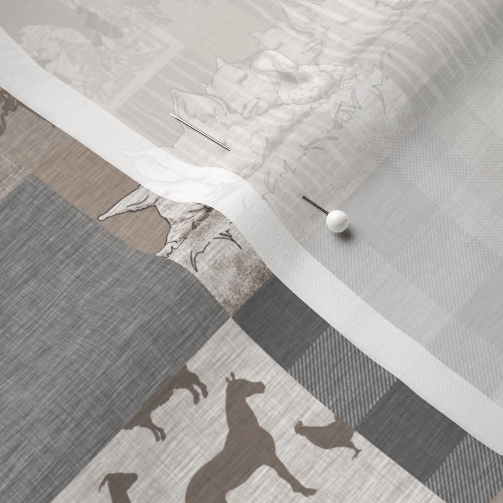 Spoonflower Fabric - Old Farm Quilt Soft Brown Grey Cows Tractor Printed on Chiffon Fabric by The Yard - Sewing Fashion Apparel Dresses Home Decor