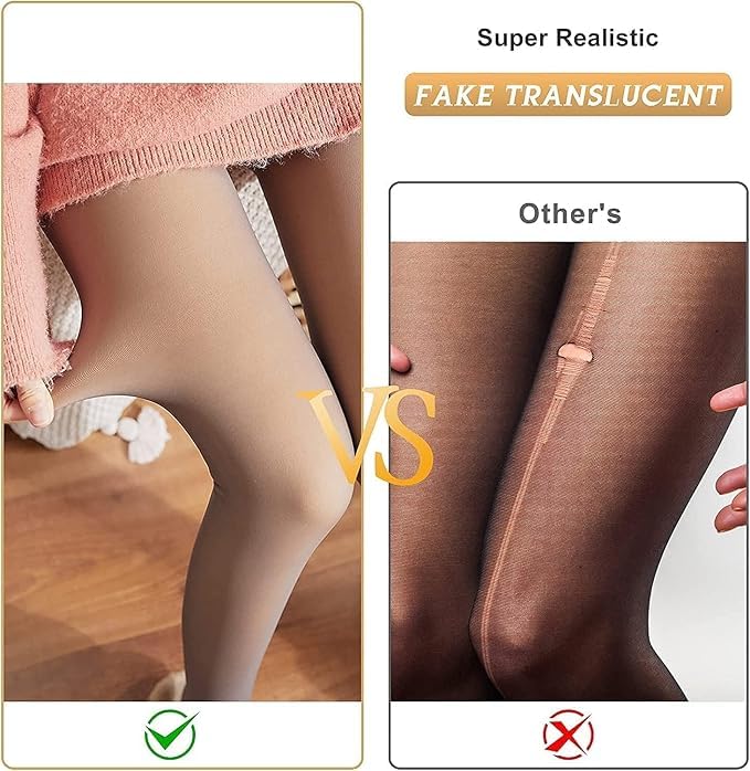 ELEG & STILANCE Fleece Lined Tights Women Translucent Fleece Pantyhose Winter Warm Fake Translucent Tights (IN, Alpha, 2XL, Black&Skin) - Image 3 thumbnail