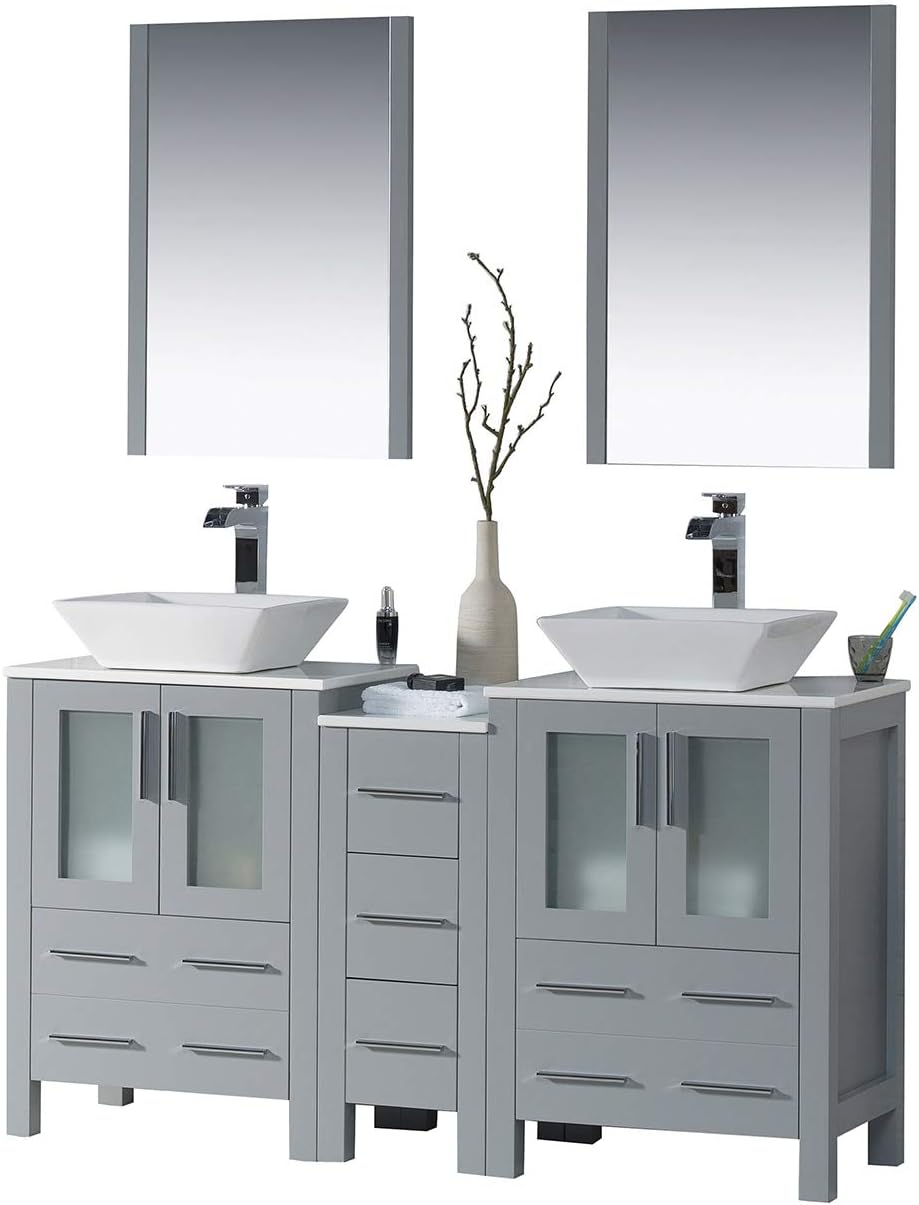 Blossom 60” Double Bathroom Vanity with Ceramic Vessel Sink, Side Cabinet and Mirror – Solid Wood, Soft Close Drawers & Doors - Modern Storage Cabinet for Small & Large Bathrooms (Metal Grey)