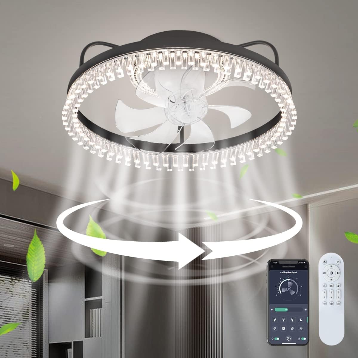Klmeiday Ceiling Fans with Lights, Adjustable Warm and Cool LED Lights，Small Acrylic Bedroom Living Room Kitchen Ceiling Fan With 6 Wind Speeds, With Remote Control (Fashion, Black)