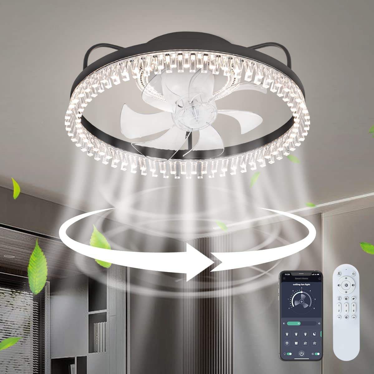 Klmeiday Ceiling Fans with Lights, Adjustable Warm and Cool LED Lights,Small Acrylic Bedroom Living Room Kitchen Ceiling Fan With 6 Wind Speeds, With Remote Control (Fashion, Black)