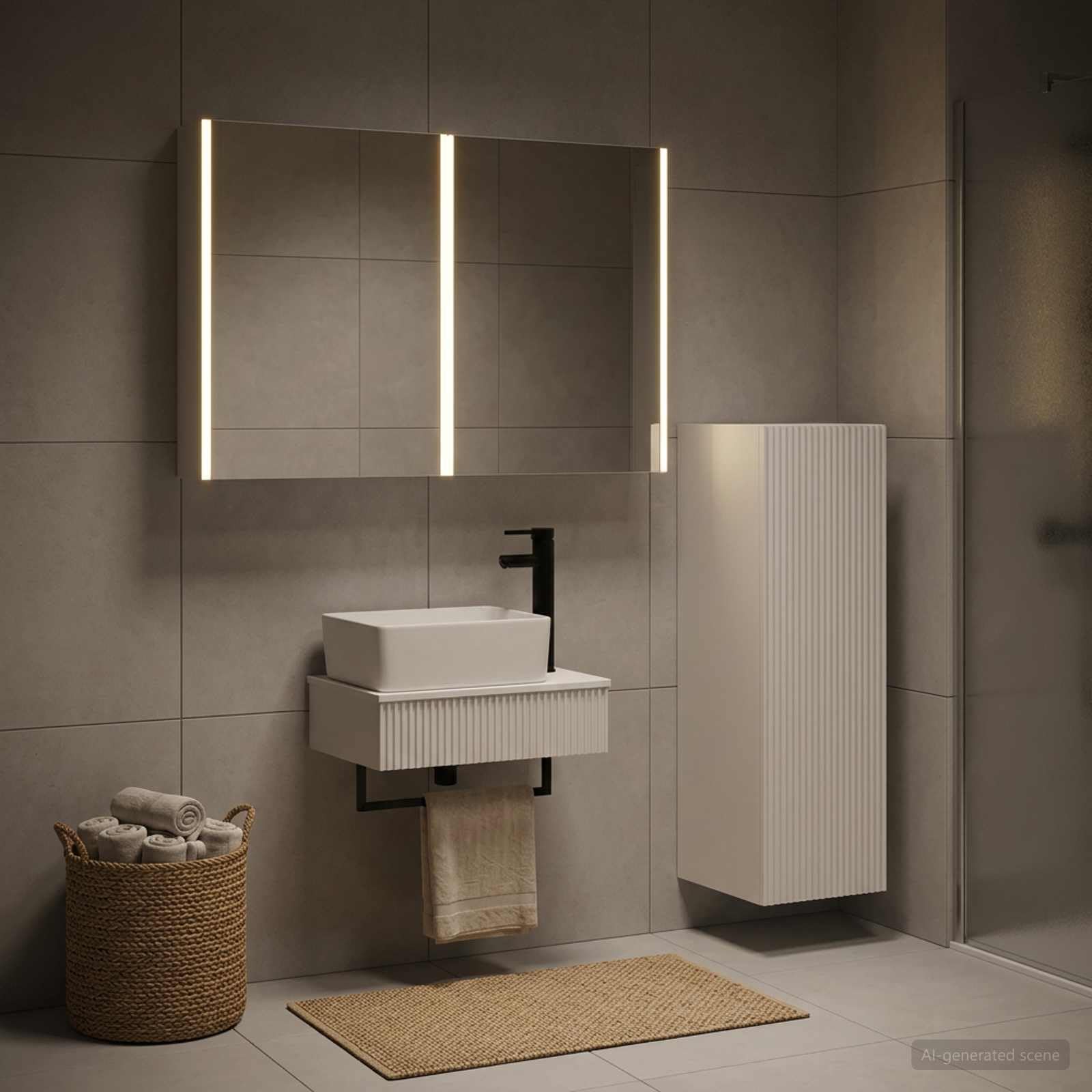 Juego de 4 muebles de baño de madera y cristal, color blanco, montaje en pared, con iluminación LED, espacio de almacenamiento, espejo de doble cara, fuente de alimentación USB